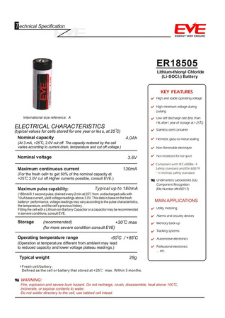 Bateria litowa EVE ER18505S 3,6V 4000mAh - A, LiSOCl2, LS17500, XL-100F, ER17500V, ER17/50