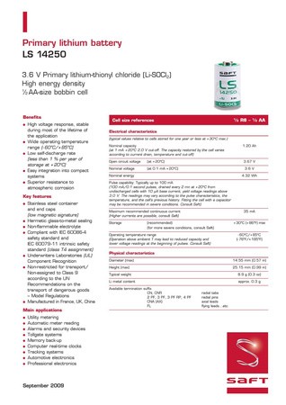 20x Bateria litowa SAFT LS14250CNA z drutem 3,6V 1200mAh Li-SOCl2 1/2AA, ER14250P, SL-350P, SL-750/P, ER3S-TC