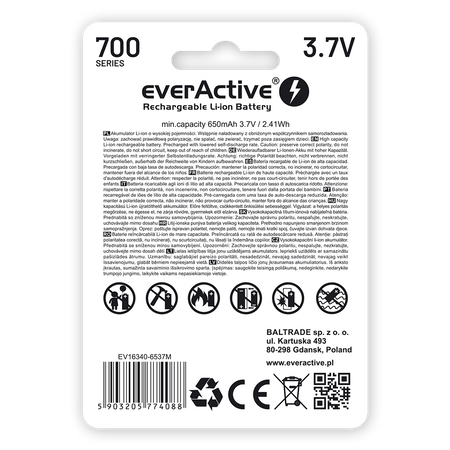 Akumulator EverActive 16340 RCR123A 3,7V 700mAh Li-Ion micro USB z zabezpieczeniem do latarek