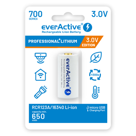 Akumulator EverActive 16340 CR123 17345 3V 700mAh Li-Ion micro USB z zabezpieczeniem do latarek