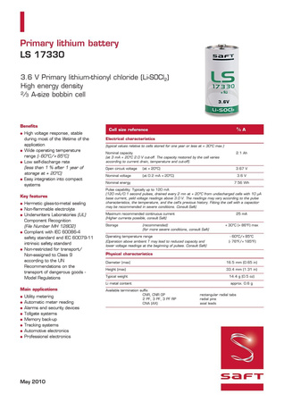 Bateria litowa SAFT LS17330CNR z blaszkami 3,6V 2100mAh 2/3A ER17/33, ER17330, ER17335, T32/41, T32/51, T32/8AA1