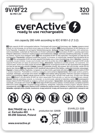 Akumulator everActive 6F22, HR6FA, HR9F, 6AM6, K9V, PP3 9V 320mAh NiMH