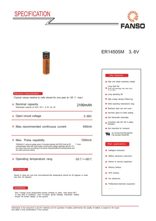 Bateria litowa wysokoprądowa FANSO ER14505M 3,6V 2100mAh AA LiSoCL2, LS14500, SL-360, SL760, TL-2100, TL-5104, TL5903