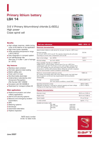 Bateria litowa SAFT LSH14 / STD C 3,6V LiSOCl2 rozmiar C wysokoprądowa z przewodami