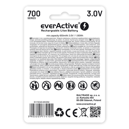 Akumulator EverActive 16340 CR123 17345 3V 700mAh Li-Ion micro USB z zabezpieczeniem do latarek