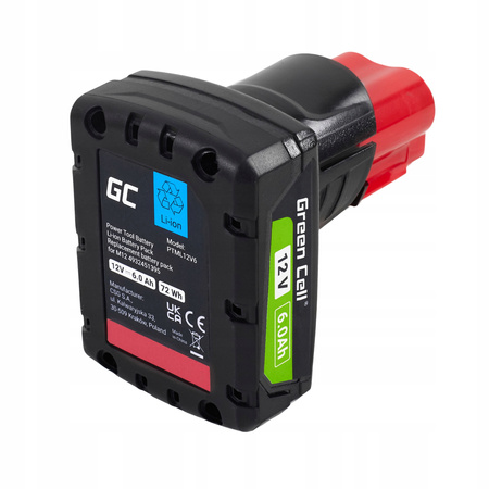 Bateria zamienna Green Cell Milwaukee 4932451395, M12 B6 12V 6.0Ah Li-Ion do elektronarzędzi M12PCG, M12GG, C12JSR, M12 CDD, M12CPD