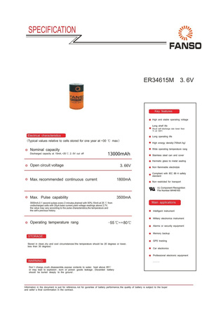 Bateria litowa FANSO ER34615M 3,6V 13000mAh - LiSOCL2, D, LSH20, SB-D02/TC, SL-780/S, TL-4930, TL-5930