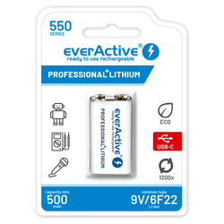 Akumulatorek everActive 6F22/9V Li-ion 9V 550 mAh z USB TYP C