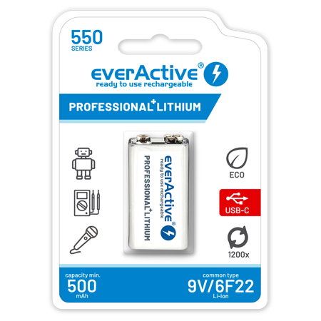 Akumulatorek everActive 6F22/9V Li-ion 9V 550 mAh z USB TYP C